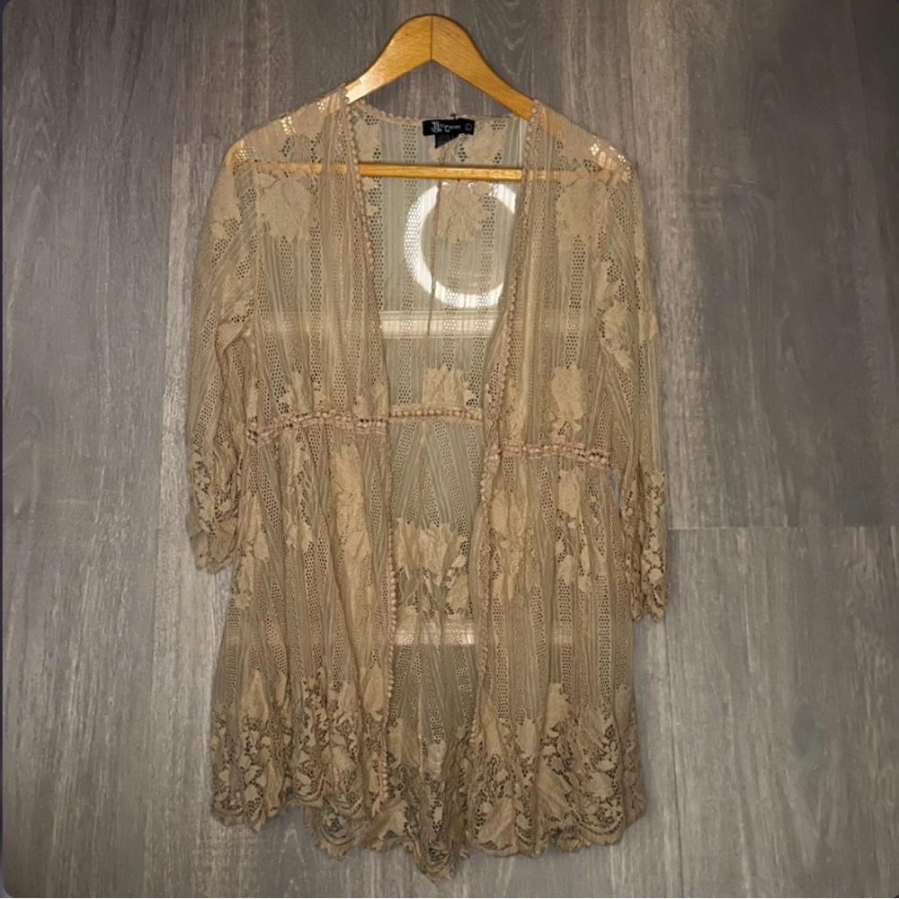 Miss Chevious Lace Open Front Kimono Cover Up Size L Boho